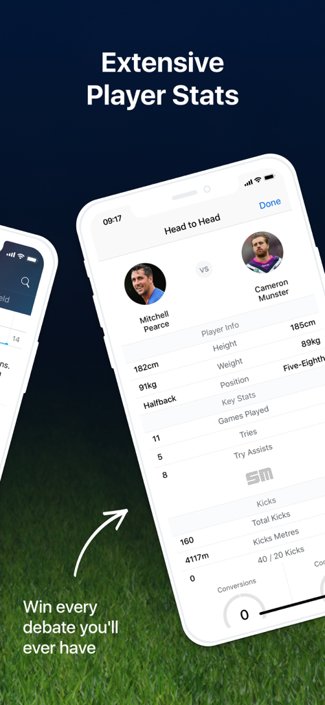 A mobile app screen showing a head-to-head comparison of NRL player statistics including games played and tries.