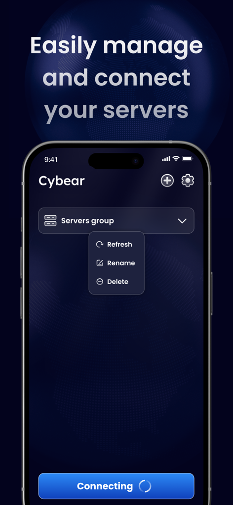 VPN - CyBear VPN - CyBear VPN mobile interface showing server management options and connection status