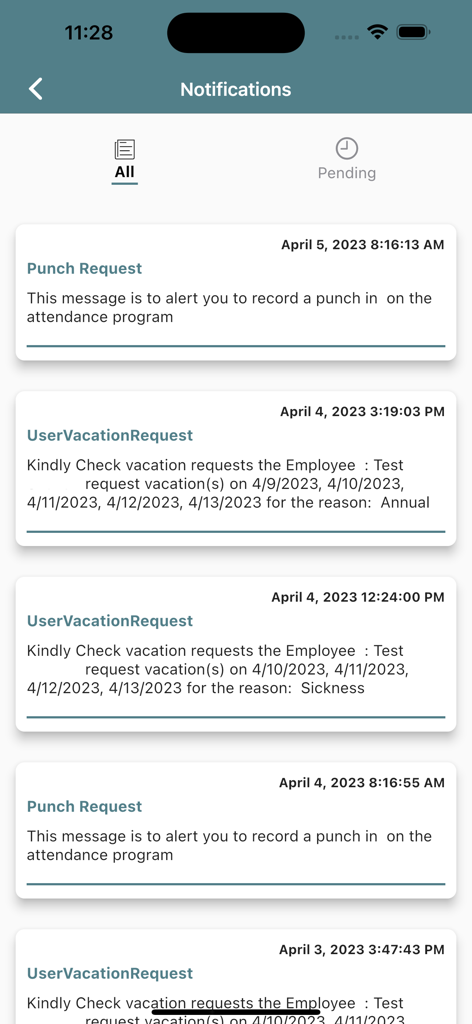 Time Attendance By EasySoft - A notifications screen in the Time Attendance app displaying punch in reminders and employee vacation requests