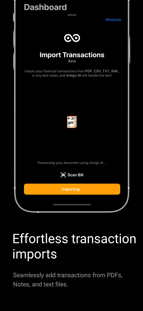 Amigo AI - Expense Tracker - Schermata dell'app Amigo AI che mostra l'importazione senza sforzo di transazioni da file PDF e di testo.