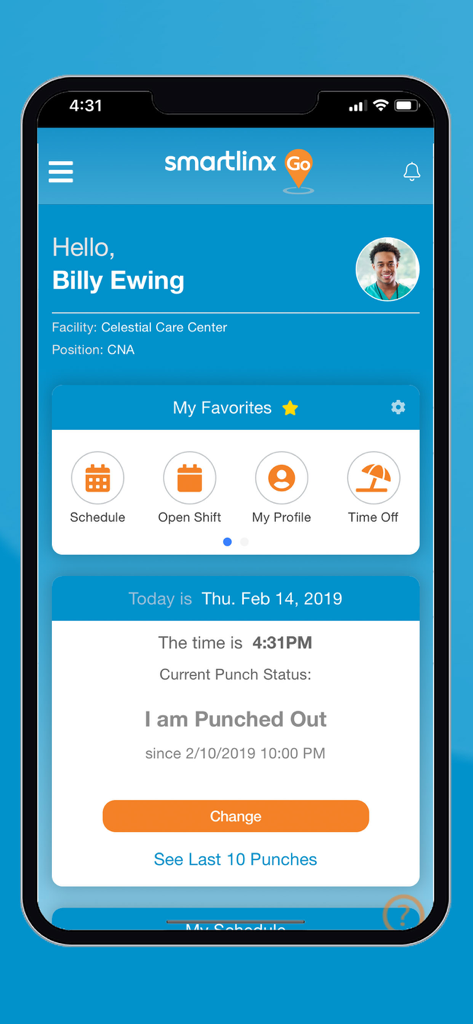 SmartLinx Go mobile app dashboard showing healthcare worker profile and punch status