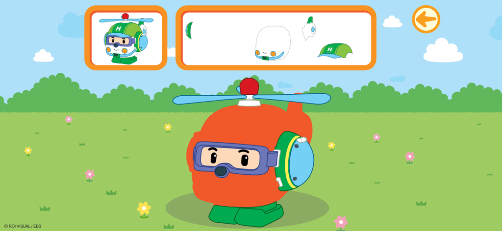 Robocar Poli New Adventures - A screenshot of a mini-game in the Robocar Poli New Adventures app where players assemble the character Helly piece by piece.
