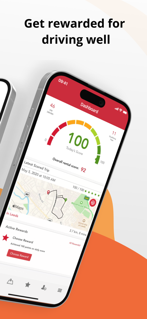 AvisBudget SafeDrive app dashboard showing a driving score of 100 and trip details