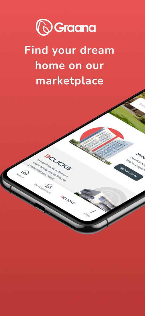 Graana: Real Estate Portal - Interfaz de la aplicación inmobiliaria de Graana en la pantalla de un teléfono inteligente para encontrar e invertir en propiedades