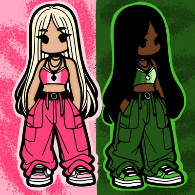 girl in baggy pants crop top and long hair