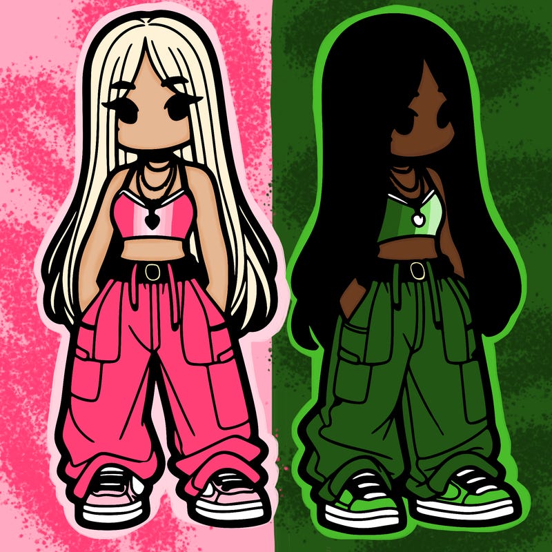 girl in baggy pants crop top and long hair