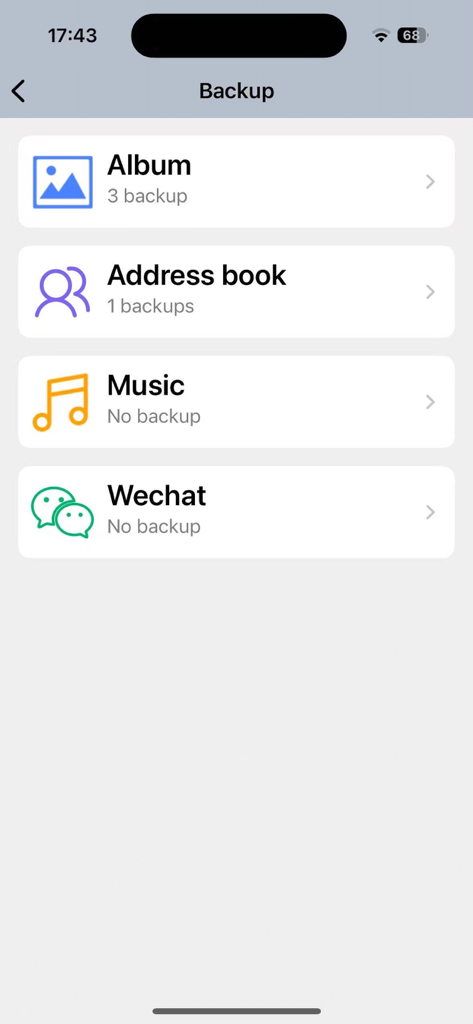 OTG Flash Pro - OTG Flash Pro app backup menu showing options for photo albums, address book, music, and WeChat.