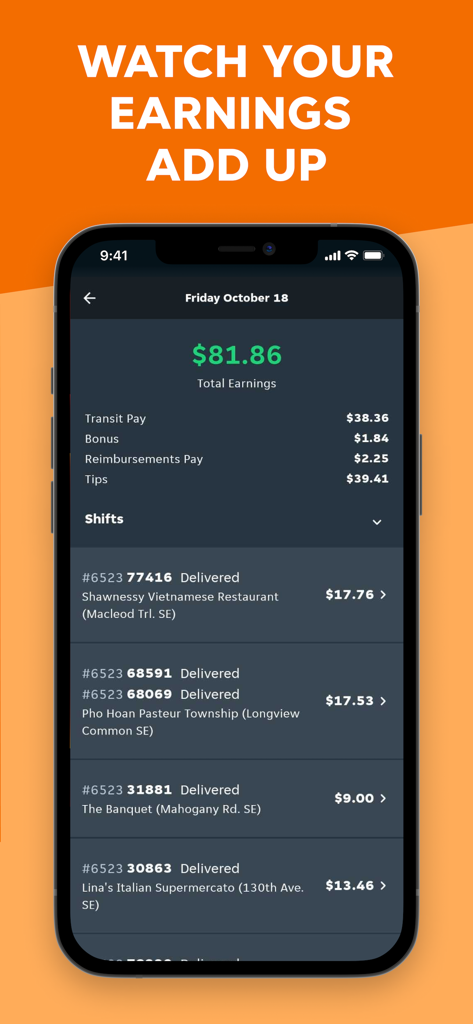 Skip Courier app interface showing daily earnings breakdown and delivery history