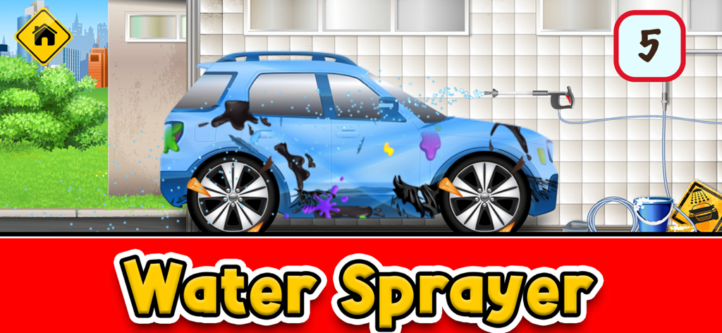 Little Car Wash: Vehicle Game - A blue SUV being rinsed with a water sprayer in the Little Car Wash kids game