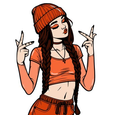 realistic teenage girl with braids and a beanie and crop top doing 🫶🏼