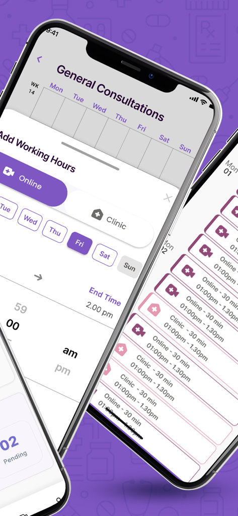 MediMan Doctor - MediMan Doctor app screen showing consultation scheduling with online and clinic options.