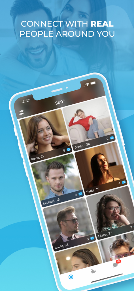 Fiix dating app interface showing user profiles in the 360 degree proximity search feature