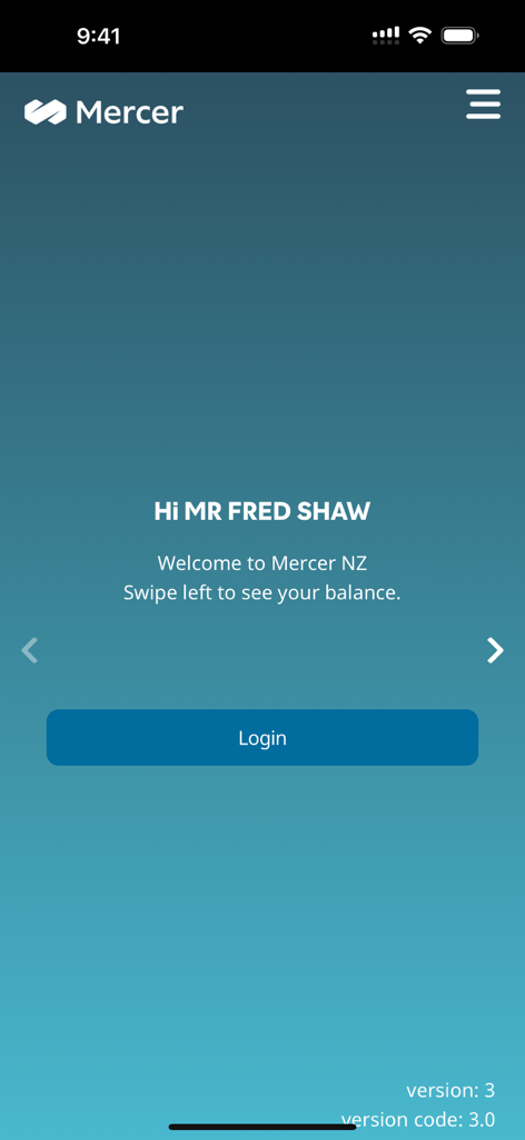 Mercer NZ - Pantalla de inicio de sesión de la aplicación móvil Mercer NZ con mensaje de bienvenida personalizado