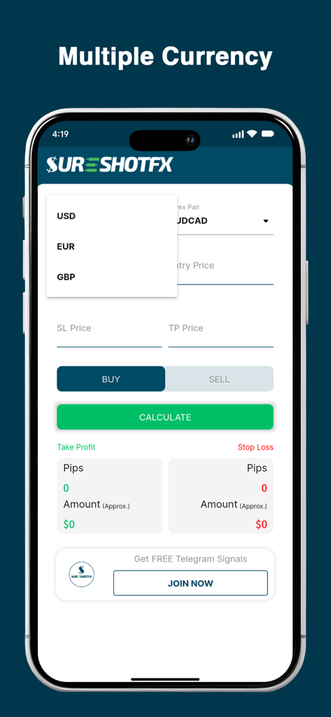 SureShotFX - Pip Calculator - SureShotFX app interface showing multiple currency options for forex trading calculations