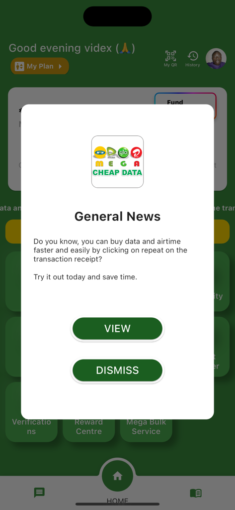 Pantalla de aplicación móvil que muestra una notificación de noticias en el panel de MEGA Datos Baratos.