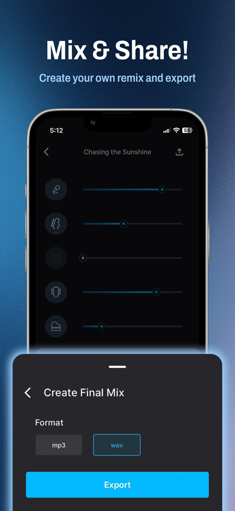 Gaudio Studio: AI Separator - Interface for mixing separated audio stems and exporting them as wav or mp3 files in Gaudio Studio