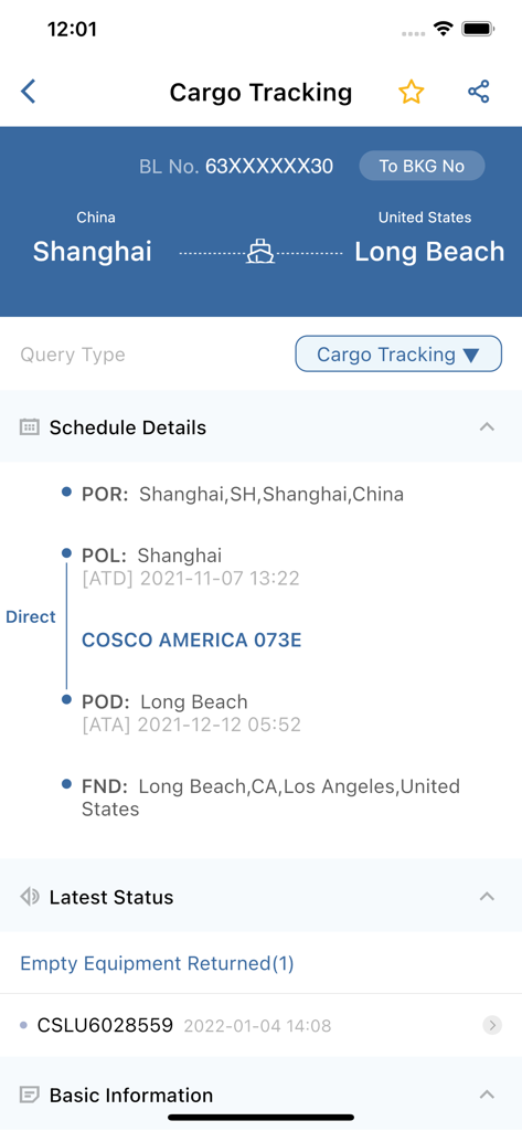 COSCO SHIPPING Lines - Cargo tracking interface in COSCO SHIPPING Lines app showing shipment details from Shanghai to Long Beach