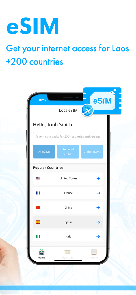 LOCA Laos E-Mobility & Payment - Locaアプリ画面に、ラオスおよび200以上の国への旅行用eSIMデータプランオプションが表示されています
