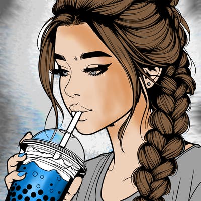 realistic girl drinking boba tea with braided hair