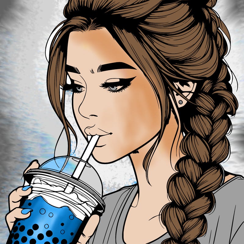 realistic girl drinking boba tea with braided hair