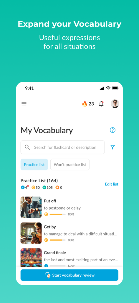 RealLife: Speak, Learn English - Interface de l'application RealLife English montrant une liste de pratique de vocabulaire personnalisée avec des idiomes et des verbes à particule