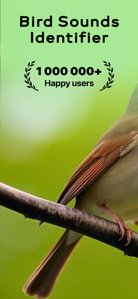 Bird Sounds Identifier Call ID - Pantalla de bienvenida de la aplicación Bird Sounds Identifier con un pájaro en una rama y un hito de un millón de usuarios felices