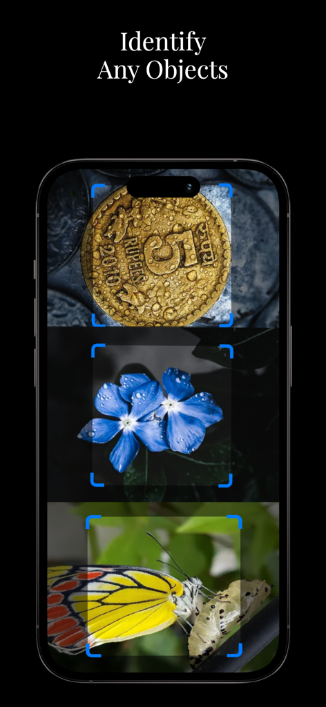 Identify Anything Lens.AI Scan - Écran de smartphone montrant l'application Lens AI identifiant une pièce de monnaie, une fleur et un papillon