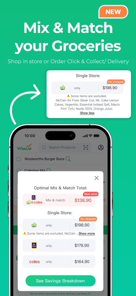 WiseList mobile app interface showing a comparison of grocery prices across multiple stores with a mix and match savings feature.