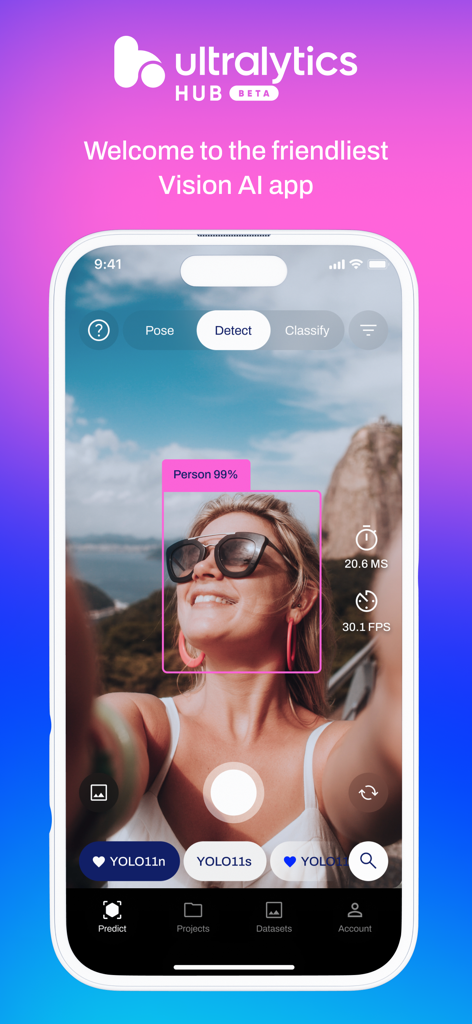 Ultralytics HUB - Ultralytics HUB app interface showing real time person detection using YOLO11 models on a mobile device