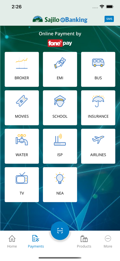 Sanima Sajilo e-Banking - Mobile screen of Sanima Sajilo e-Banking showing payment options for NEA water ISP and other utilities via Fonepay