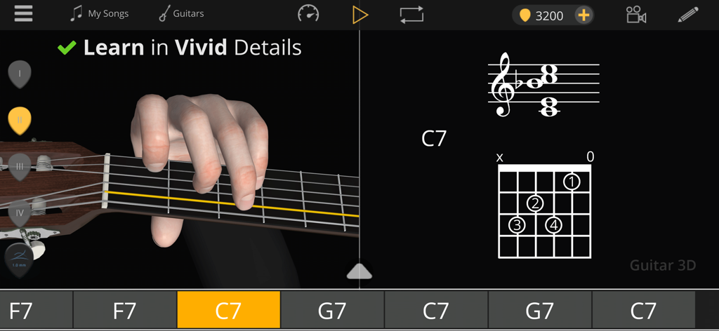 Guitar 3D - Basic Chords - 3D left hand view of a C7 guitar chord with a 2D diagram and music notation