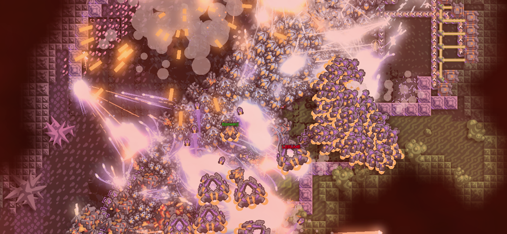 Mindustry - A top-down view of a massive unit battle with explosions and energy beams in Mindustry