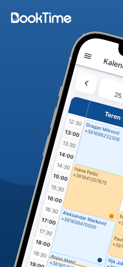 BookTime - BookTime mobile app displaying a daily calendar with scheduled client appointments and contact information