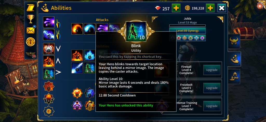 A screenshot of the abilities menu in Eternium showing a Level 53 Mage character and the Blink utility skill details.