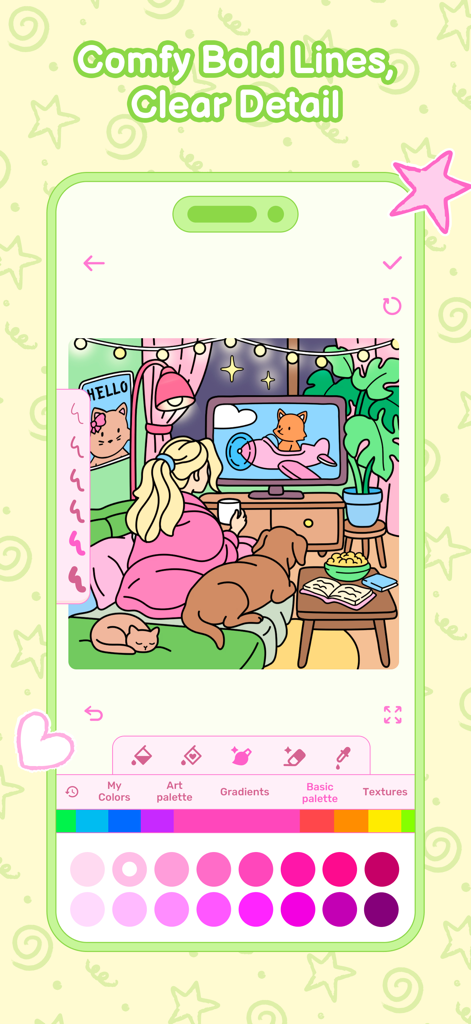 Cozy Girl Life: Coloring Book - Interface of the Cozy Girl Life coloring app showing a hand drawn bedroom scene and pink color options