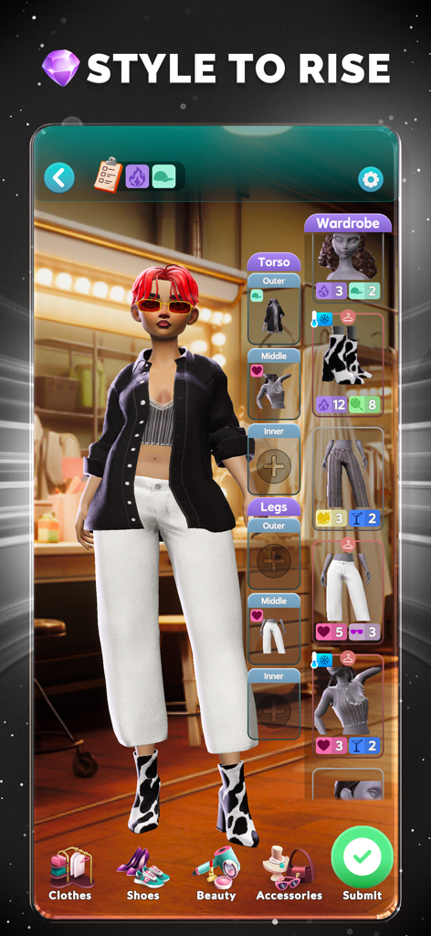 Fashion League: Runway Battles - Styling di un personaggio 3D in Fashion League con vestiti a strati e un'interfaccia guardaroba