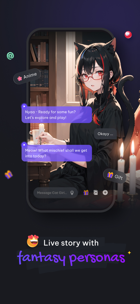 Lumi AI: Character AI Chat - Interface do Lumi AI mostrando um chat com uma personagem de garota gato de anime em um cenário de roleplay de fantasia