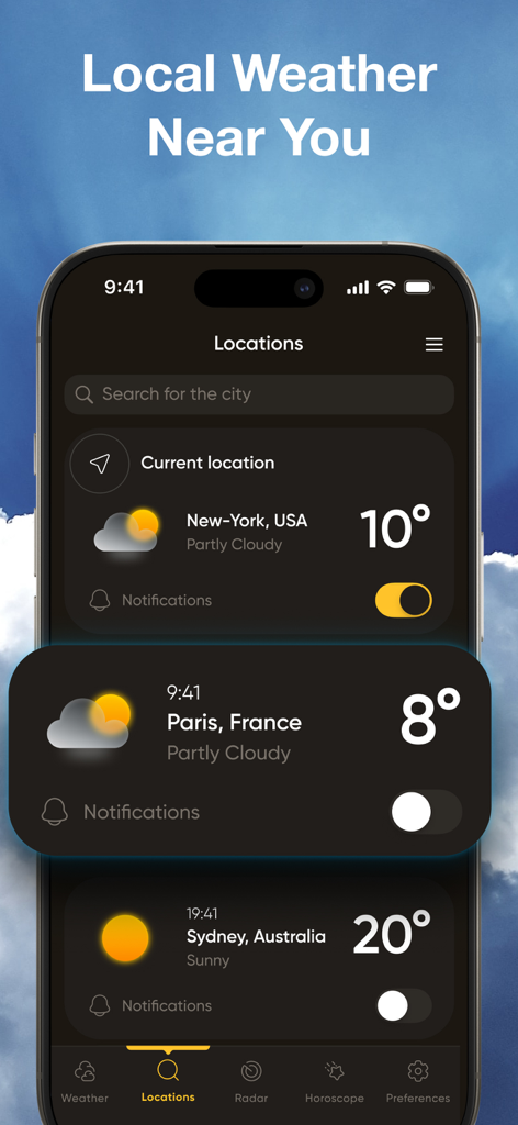 NOAA Weather Radar Forecast - NOAA天気予報レーダーアプリが、ニューヨークやパリなど、保存された複数の都市の現在の天気情報を表示