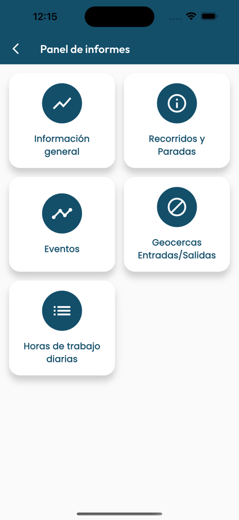 Dashboard of the Delta track pro app showing reporting options for GPS tracking in Spanish.