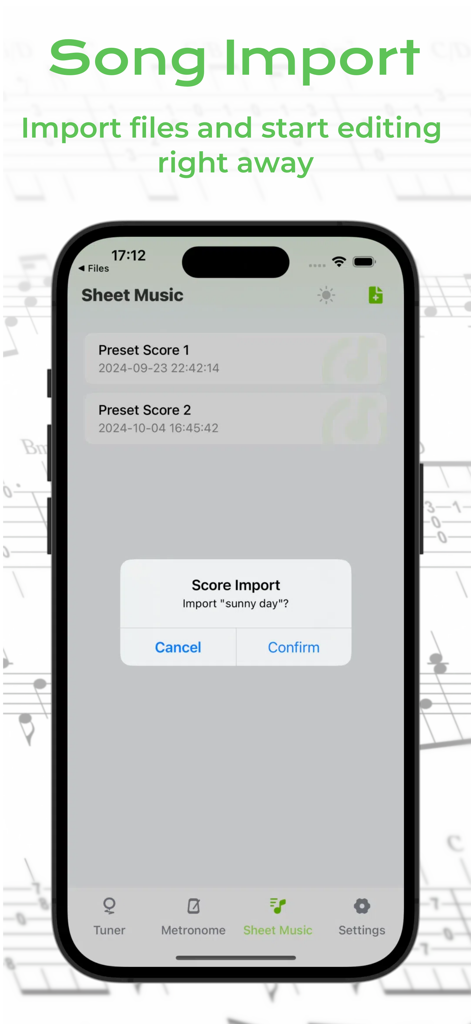 Una interfaz de smartphone mostrando la función de Importación de Canciones en Guitar Creator Pro, que permite a los usuarios importar archivos de partituras