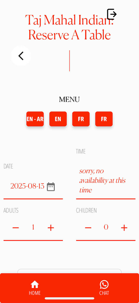 Ecrã de reserva de mesa para o restaurante indiano Taj Mahal na aplicação Orient Resorts.