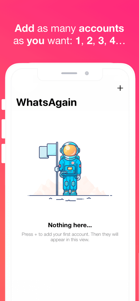 WhatsAgain for WhatsApp - La interfaz de la aplicación WhatsAgain muestra un estado vacío con una ilustración de astronauta e instrucciones para agregar múltiples cuentas de WhatsApp.