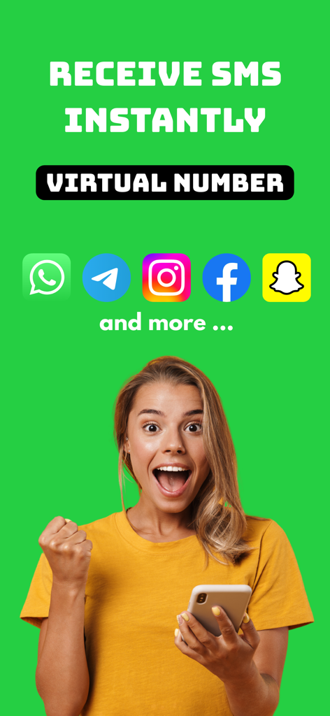 Virtual Number - Receive SMS - Une femme excitée tenant un smartphone sous des icônes de médias sociaux et le texte Receive SMS Instantly Virtual Number