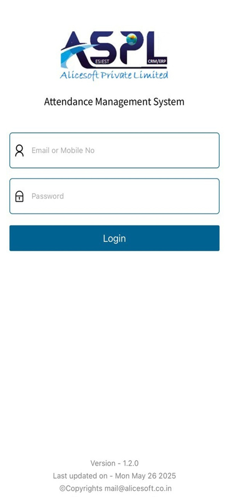 Alice Attendance login screen with fields for email and password