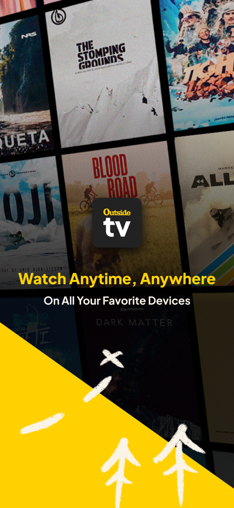 Outside TV app interface showing adventure sports films and multi-device support