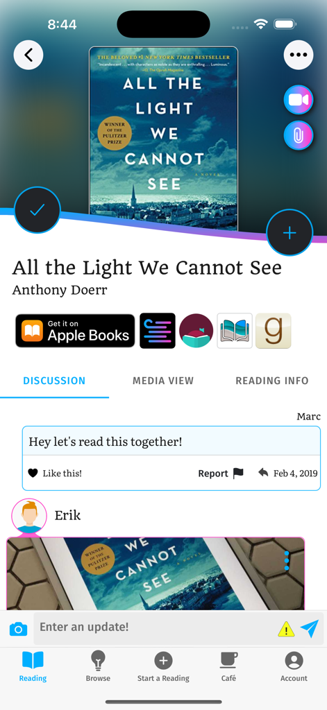 Bookship: a virtual book club - Interface of the Bookship social reading app showing a book club discussion for All the Light We Cannot See