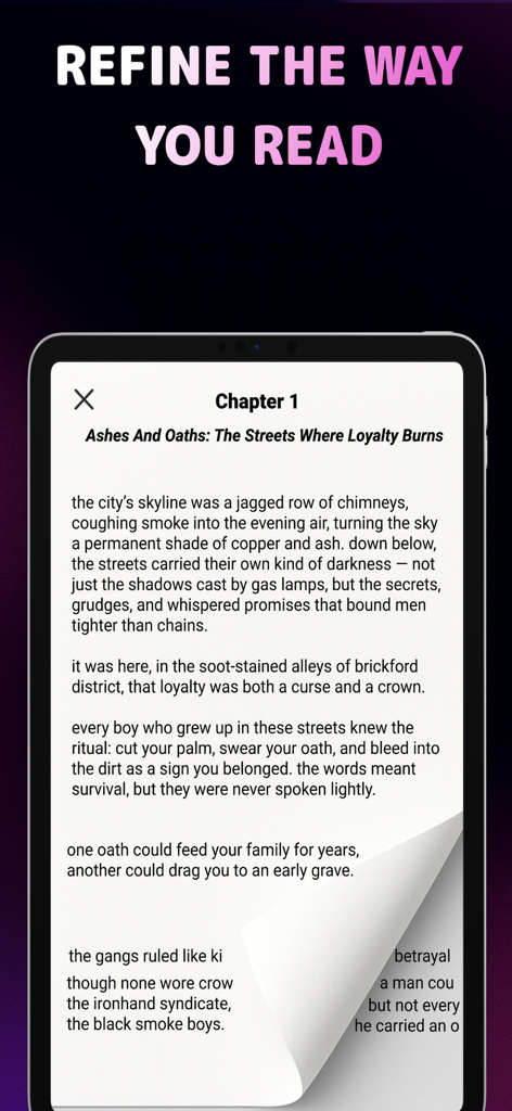 AI Story Generator Novel Maker - A smartphone screen displaying a chapter of an AI-generated novel with a page-turning animation.