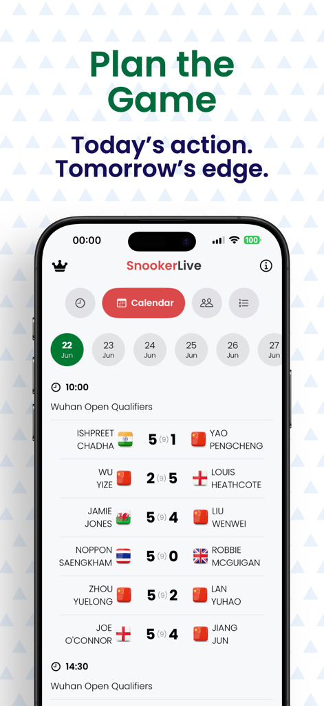 Snooker Live - Snooker Live app interface displaying the Wuhan Open tournament schedule and live match results