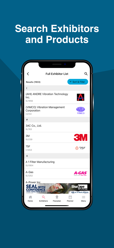 2026 AHR Expo - Smartphone screen showing the exhibitor list and search feature in the 2026 AHR Expo app