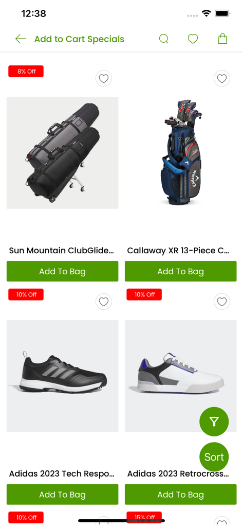 Just Golf Stuff - Just Golf Stuff app screen displaying discounted premium golf bags and Adidas shoes